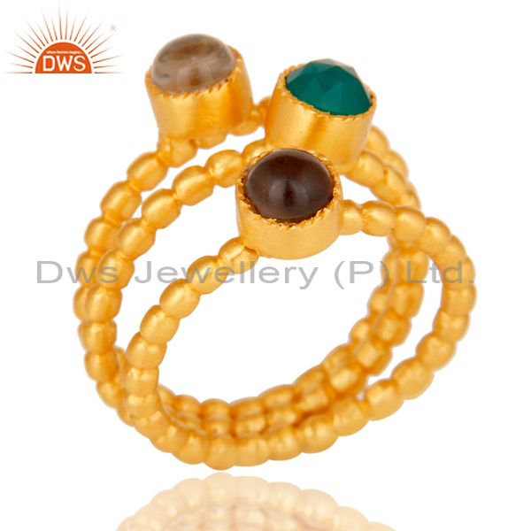 Crystal, Smokey & Green Onyx Three Set Brass Ring with 18k gold Plated