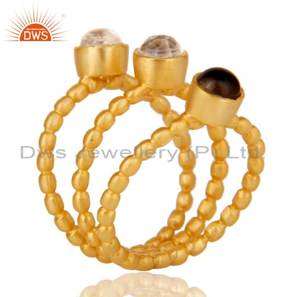 18K Gold Plated Smokey Topaz & Crystal Quartz 3 Set Of Brass Stackable Ring