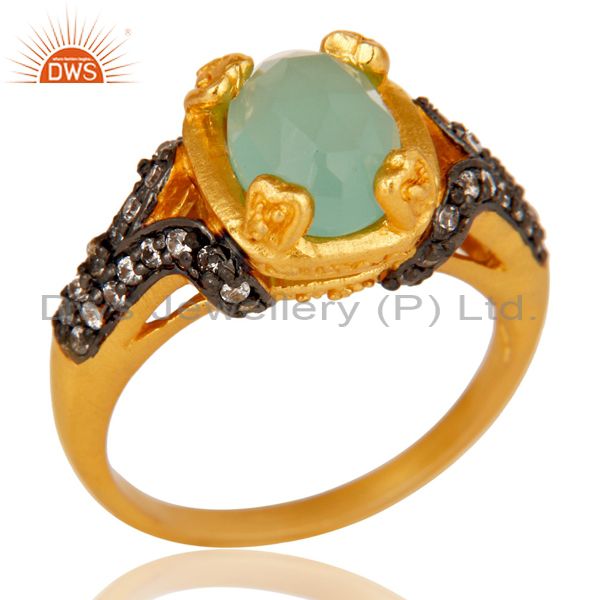 18k Gold Plated Handmade Stackable Brass Ring with Aqua & Cubic Zarconia