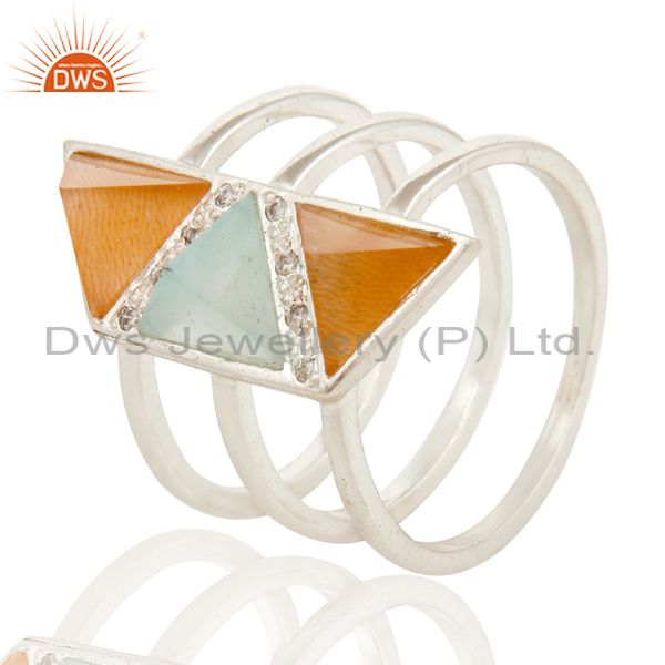 Solid Silver Plated 3 Set Of Brass Ring With Chalcedony, Peach Moonstone & CZ