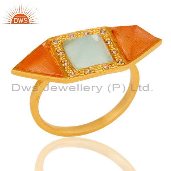 18k Gold Plated Fancy Brass Ring with Moonstone, Aqua & Cubic Zarconia
