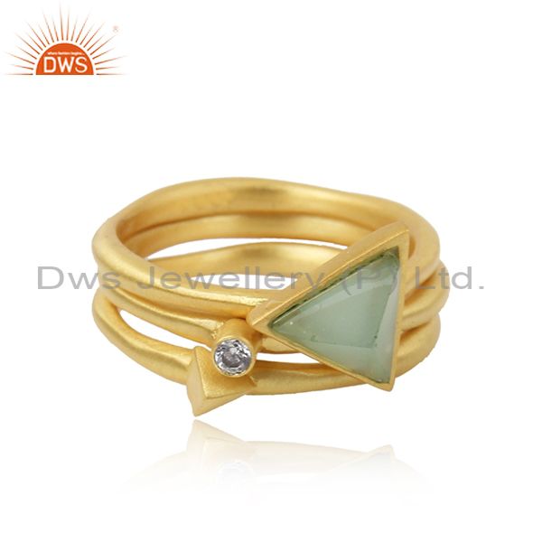 18K Yellow Gold Plated 3 Set Of Brass Ring Dyed Chalcedony & White Zirconia
