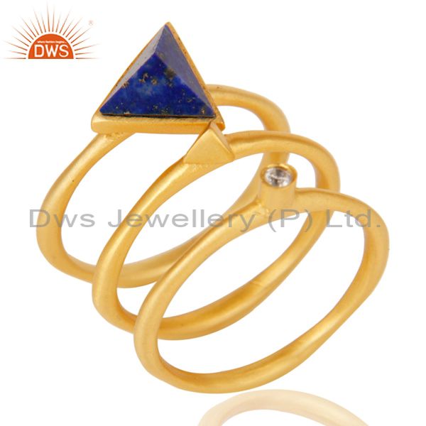 18K Gold Plated Lapis Lazuli & White Zirconia 3 Set Of Brass Stackable Ring
