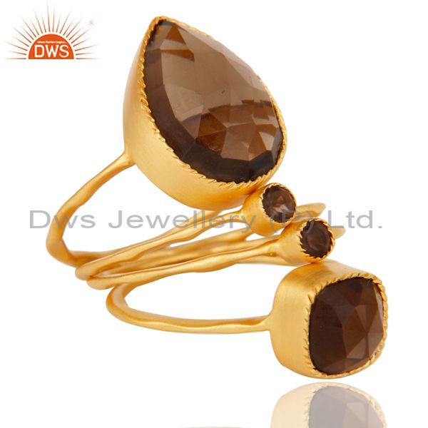 18L Gold Plated Handmade Smokey Topaz Rose Cut 4 Set Of Stackable Brass Ring