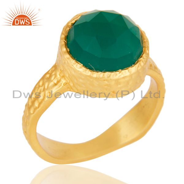 22k Yellow Gold Plated Handmade Faceted Green Onyx Statement Brass Ring