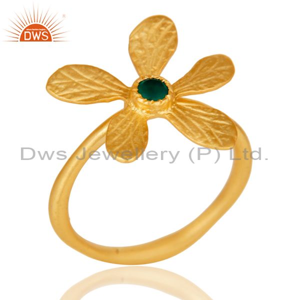 18k Yellow Gold Plated Handmade Flower Design Green Onyx Brass Stackable Ring
