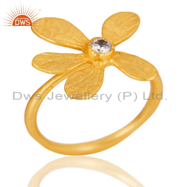 18k Yellow Gold Plated Handmade Flower Design White Zircon Brass Stackable Ring