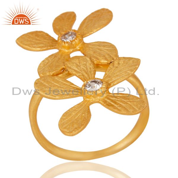 18k Yellow Gold Plated Handmade Double Flower Design White Zircon Brass Ring