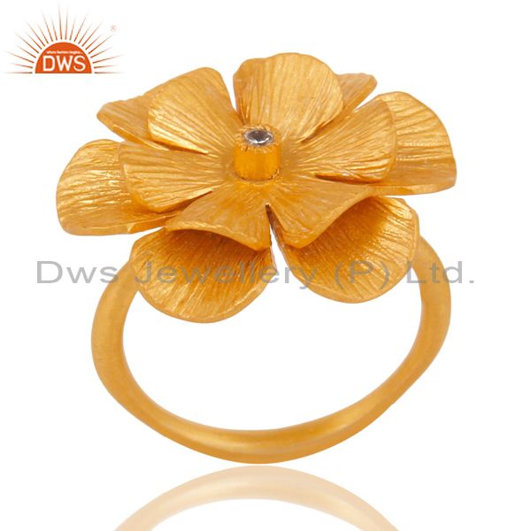 18K Yellow Gold Plated Traditional Handmade White Zirconia Cocktail Brass Ring