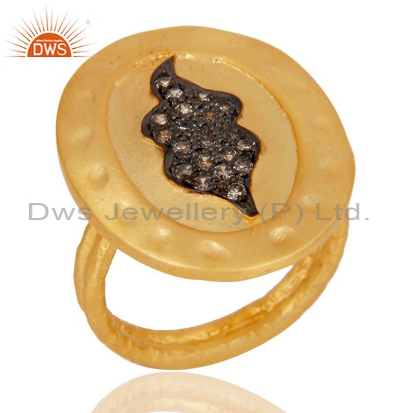 Handmade Painting White Zirconia Brass Cocktail Ring With 18k Yellow Gold Plated