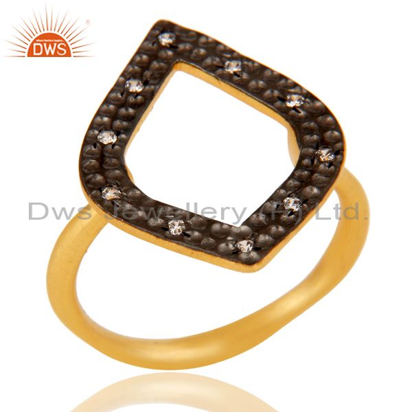 Traditional Handmade Art Deco Brass Ring With 18K Gold Plated & White Zirconia