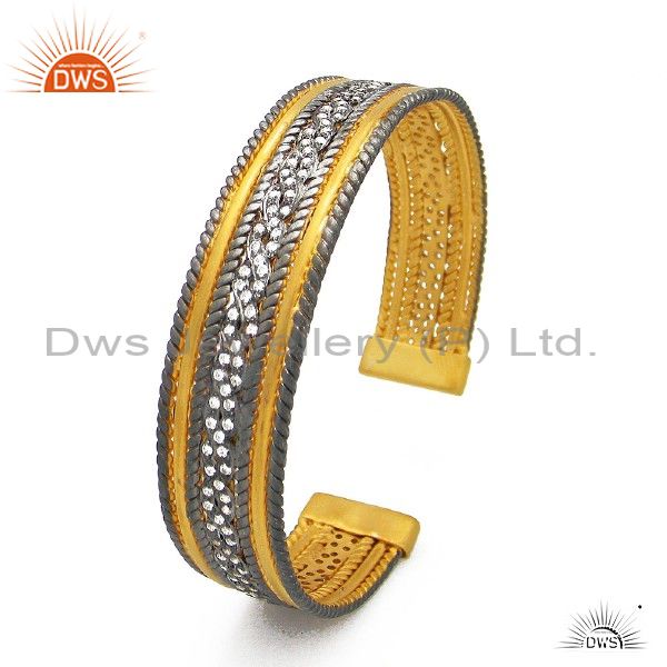 Oxidized and 18k yellow gold plated sterling silver cubic zirconia cuff bracelet