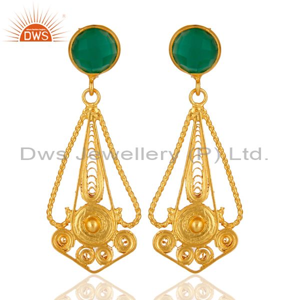 18K Gold Plated Green Onyx Gemstone Sterling Silver Designer Post Drop Earring