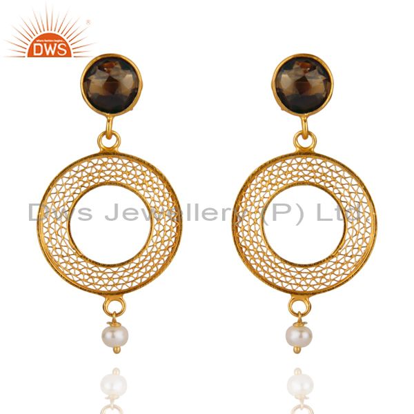 Hand-made Circular Design Sterling Silver Over Gold Plated Earring Smoky Quartz