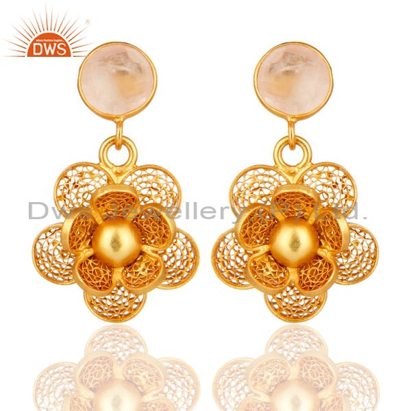 Yellow Gold Plated Sterling Silver Designer Fashion Earrings With Rose Quartz
