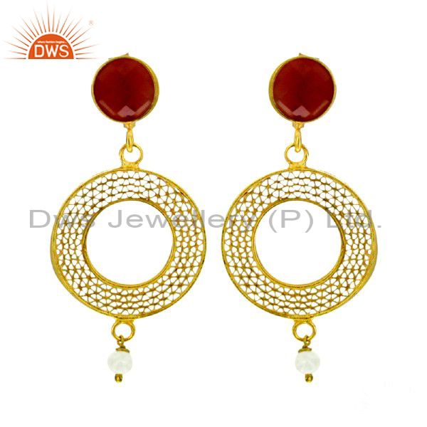 18K Yellow Gold Plated Sterling Silver Red Onyx & Pearl Filigree Dangle Earrings