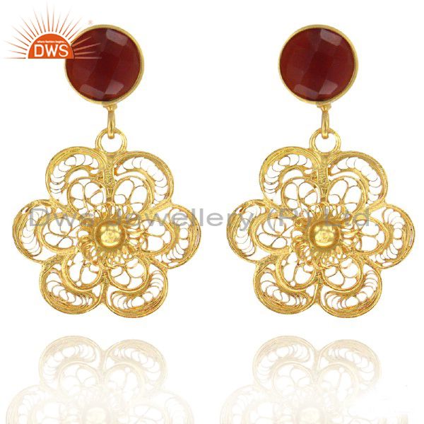 18K Yellow Gold Plated Sterling Silver Red Onyx Designer Dangle Earrings