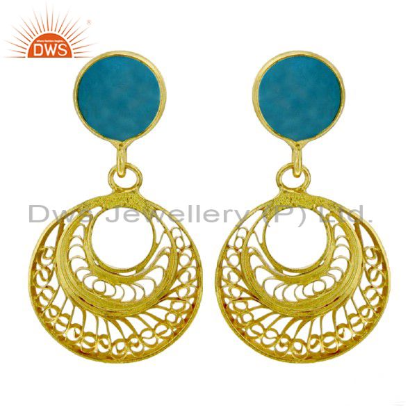 18K Yellow Gold Plated Sterling Silver Turquoise Designer Dangle Earrings