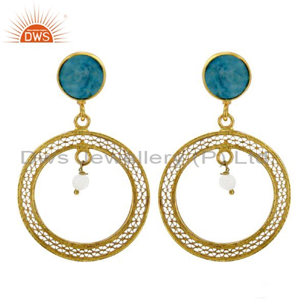 18K Yellow Gold Plated Sterling Silver Turquoise And Pearl Women Dangle Earrings