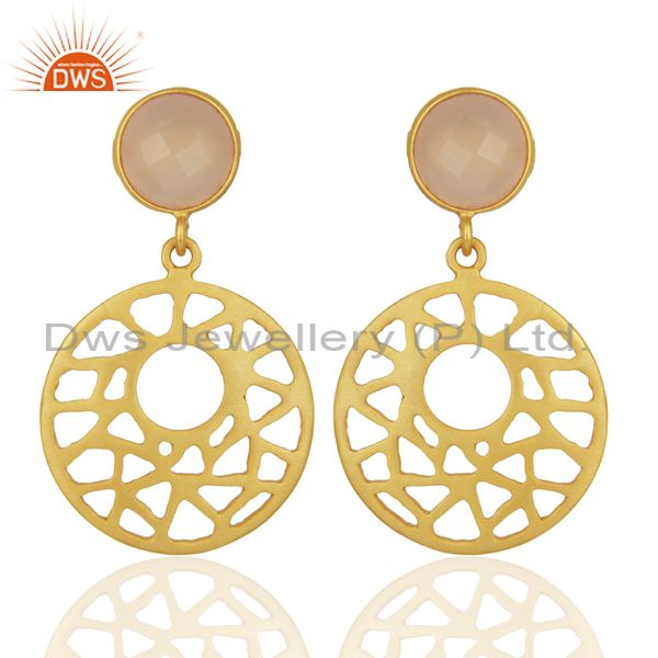 14k Yellow Gold Over 925 Sterling Silver Rose Chalcedony Filigree Dangle Earring