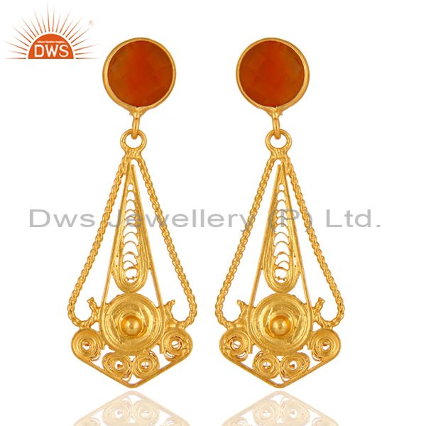 Handcarfted 18k Gold Plated 925 Sterling Silver Red Onyx Earring Jewelry
