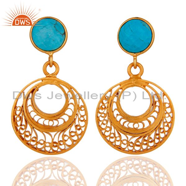 925 Sterling Silver Lace Filigree Designer Turquoise Gemstone Dangle Earrings