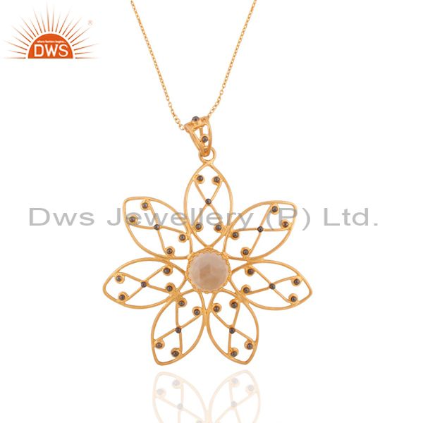 Handmade flower design citrine gemstone 24k gold over sterling silver pendant 30