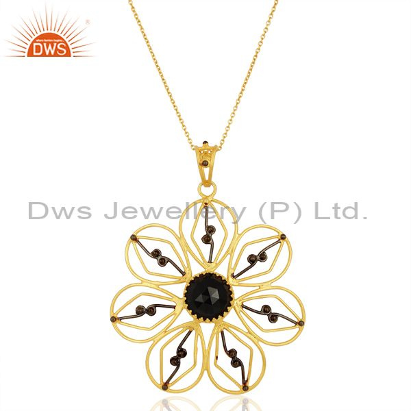 Natural black onyx gemstone flower design silver pendant supplier