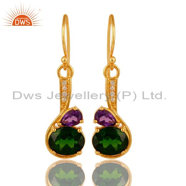 Amethyst And Chrome Diopside Sterling Silver Dangle Earrings - Gold Plated