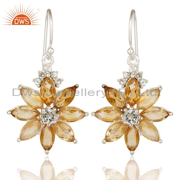 925 Sterling Silver White Topaz & Citrine Marquise Cut Gemstone Flower Earrings