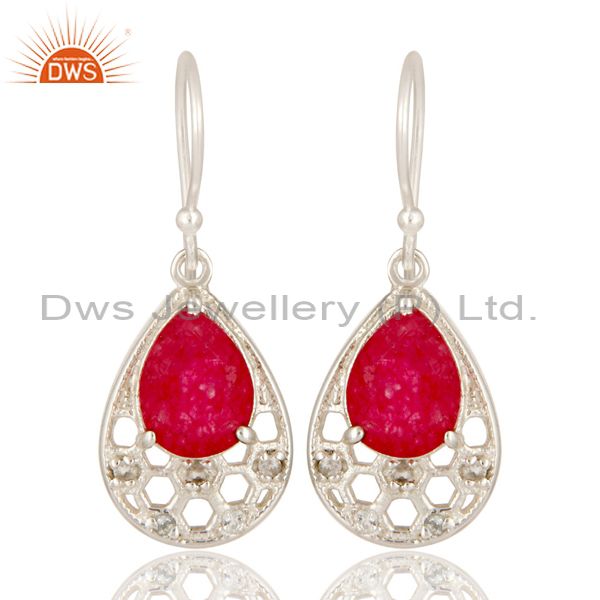 925 Sterling Silver Red Aventurine And White Topaz Dangle Earrings For Womens