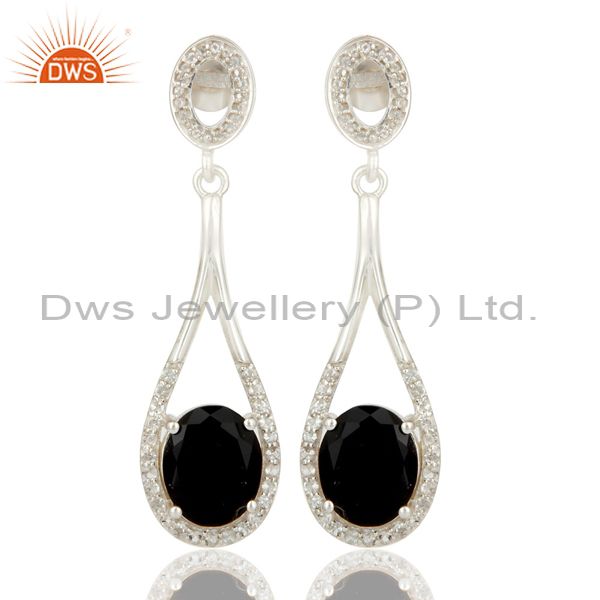 925 Sterling Silver Black Onyx And White Topaz Dangle Earrings For Womens