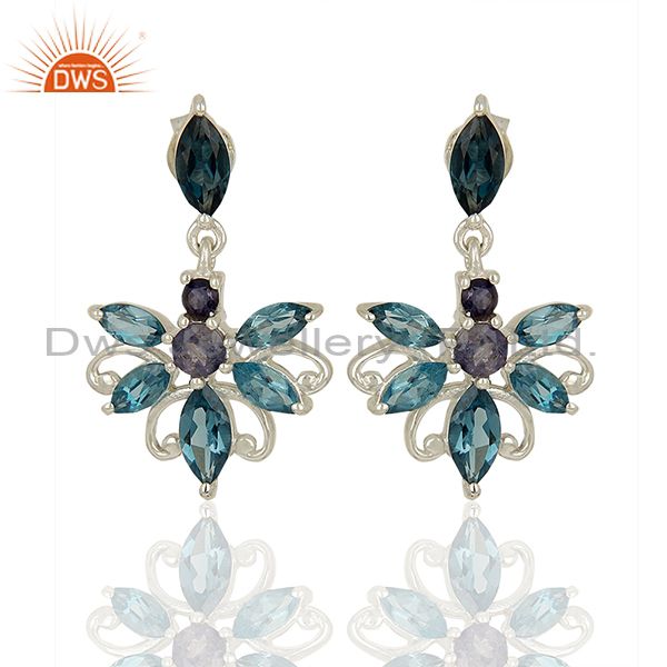 925 Sterling Silver London Blue Topaz and Iolite Gemstone Dangle Stud Earrings