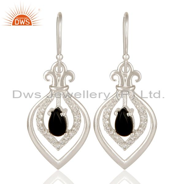 925 Sterling SIlver Black Onyx And White Topaz Fleur-de-lis Design Dangle Earrin