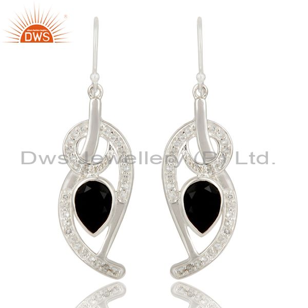Black Onyx And White Topaz Sterling Silver Designer Earrings