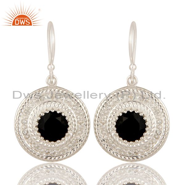 925 Sterling Silver Black Onyx And White Topaz Disc Dangle Earrings For Womens