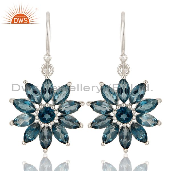 925 Sterling Silver Blue Topaz Marquise Cut Gemstone Cluster Flower Earrings
