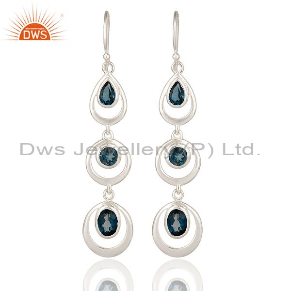 Genuine 925 Sterling Silver London Blue Topaz Gemstone Dangle Hook Earrings