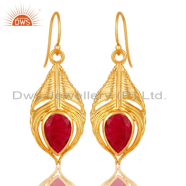18K Gold Plated Sterling Silver Red Corundum Peacock Feather Dangle Earrings