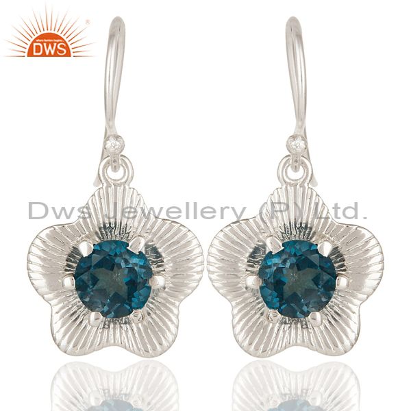 High Polish Sterling Silver London Blue Topaz Prong Set Flower Dangle Earrings