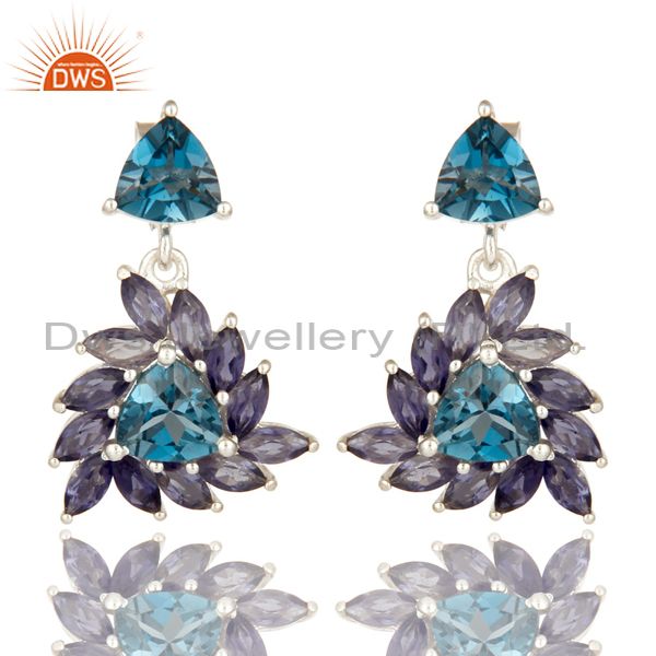 925 Sterling Silver Iolite And London Blue Topaz Gemstone Cluster Dangle Earring