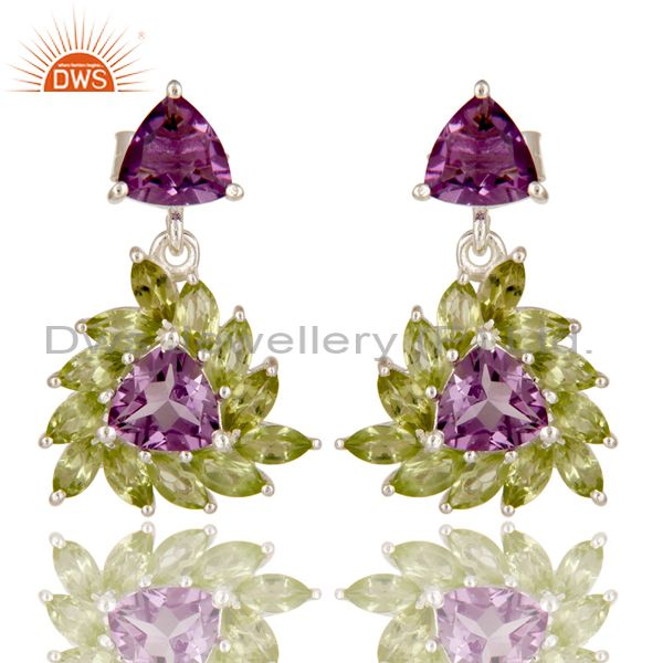 925 Sterling Silver Amethyst And Peridot Gemstone Floral Cluster Dangle Earrings
