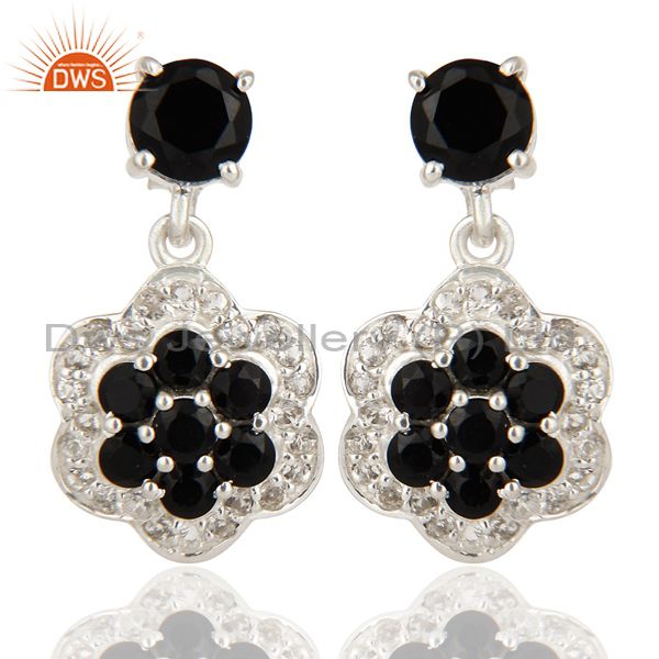 Natural Black Onyx And White Topaz Cluster Sterling Silver Dangle Earrings