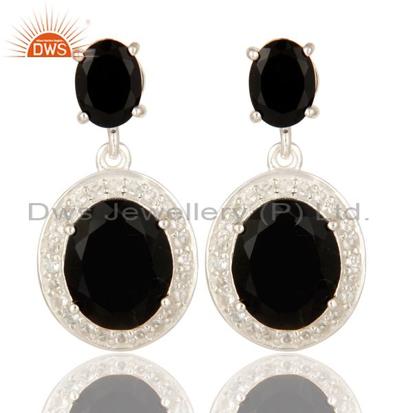 Prong Set Black Onyx And White Topaz Dangle Earrings In Sterling Silver