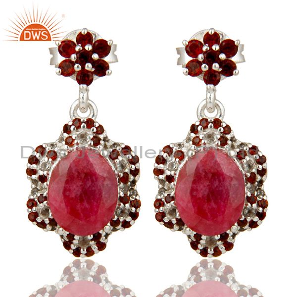 Ruby and Garnet Dangle Sterling Silver Earring With White Topaz