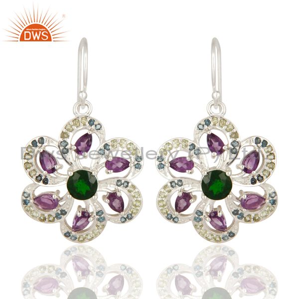 Amethyst, Blue Topaz, Peridot And Chrome Diopside Sterling Silver Flower Earring
