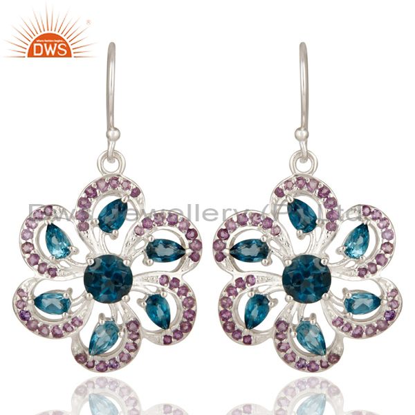 925 Sterling Silver London Blue Topaz And Amethyst Flower Dangle Earrings