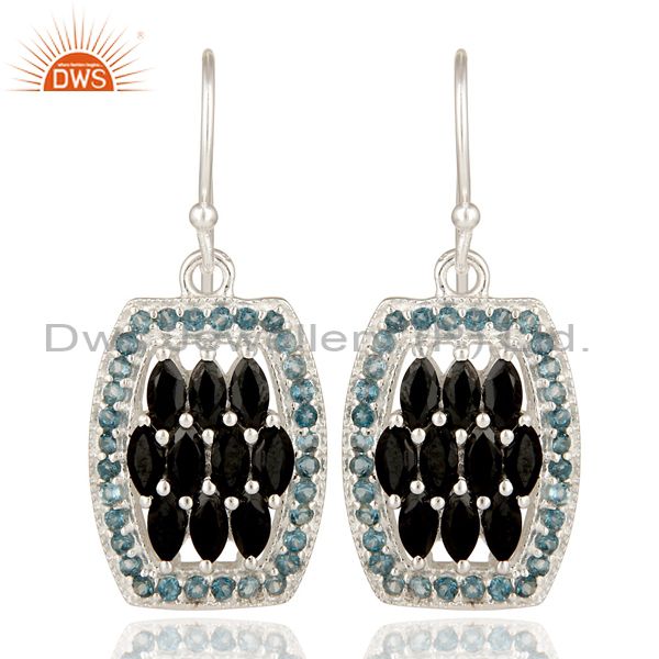 925 Sterling Silver London Blue Topaz And Black Onyx Cluster Dangle Earrings