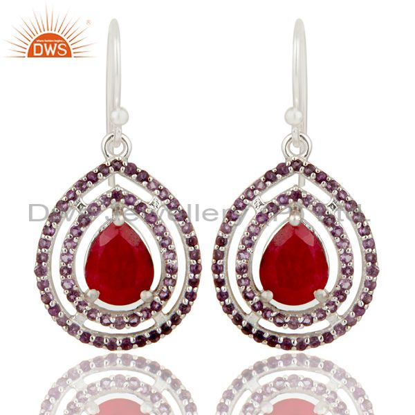 Ruby and Amethyst Gemstone Sterling Silver Dangle Earrings