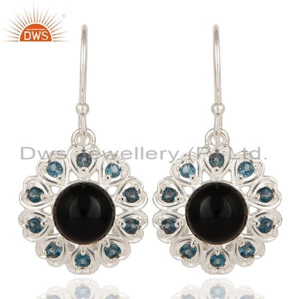 925 Sterling Silver Natural Black Onyx And Blue Topaz Gemstone Dangle Earrings